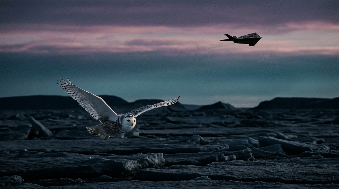 Owl flying low beneath a stealth aircraft at dusk